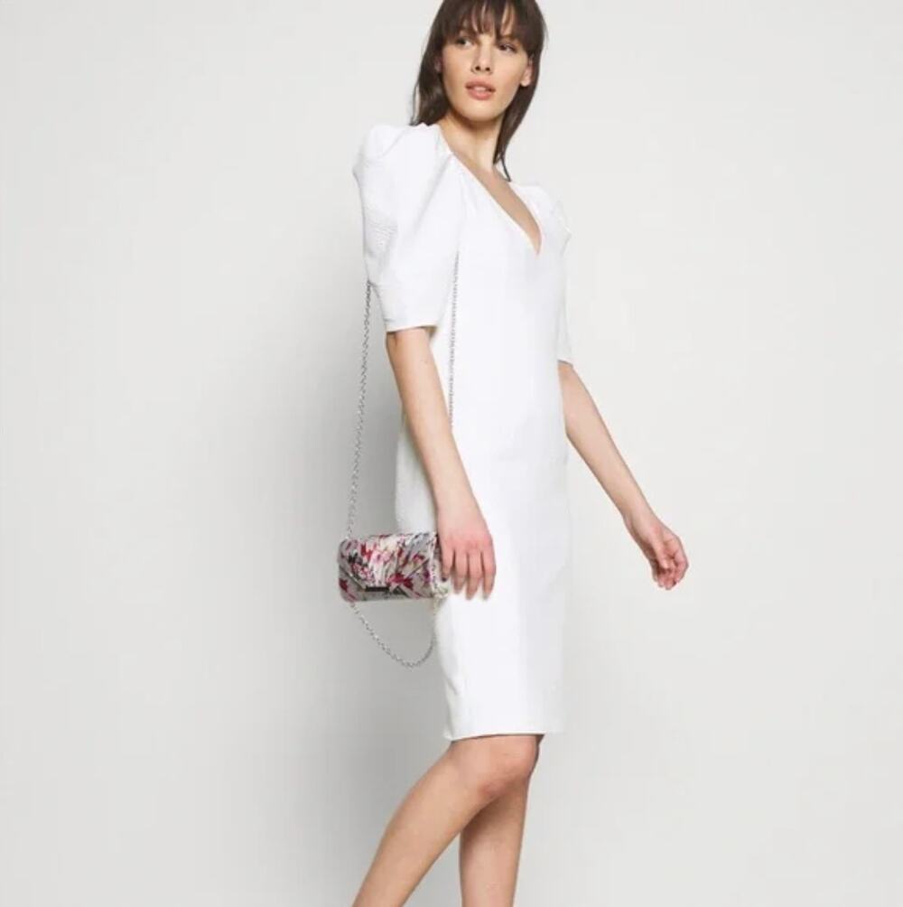 BARDOT | Fergie Textured Cream White Puff Sleeve Midi Sheath Dress | Medium